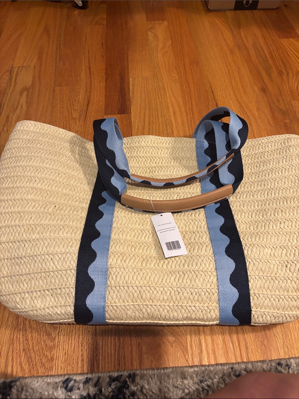 Woven Straw Tote with Light Blue and Navy Accent Straps